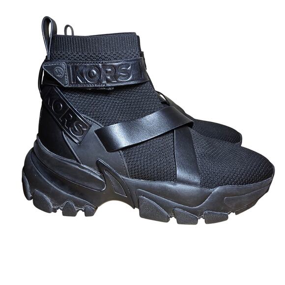 Michael Kors Shoes - Michael Kors Nick Leather Strap Knit Trainer High Top Black Optic US W 10-10.5